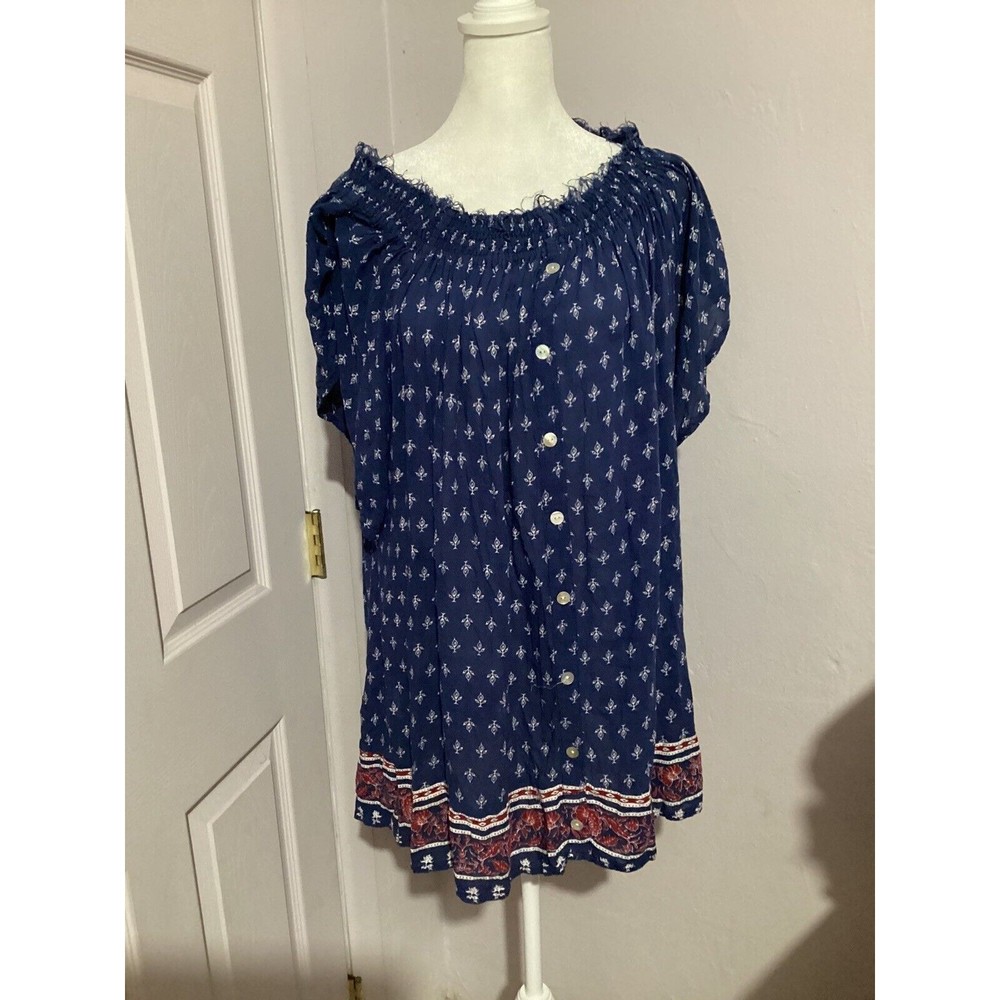 Faithfull The Brand Wide Neck Navy Blue Printed Blouse